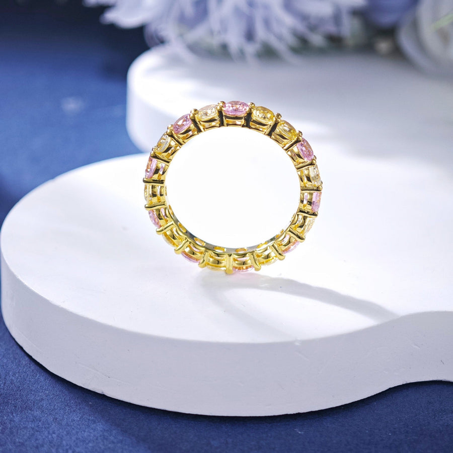 Yellow and Pink Gemstone Sterling Silver Eternity Wedding Band in Golden Tone shine of diamond