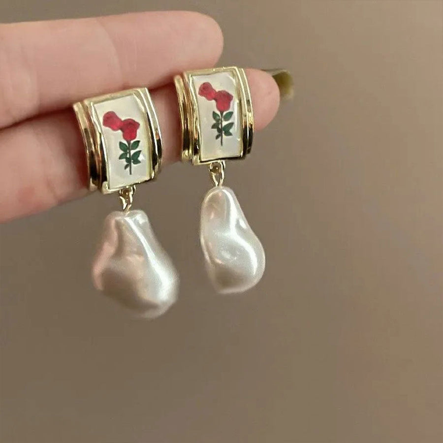 Vintage Red Rose Pearl Drop Earrings Dobrilajewelry