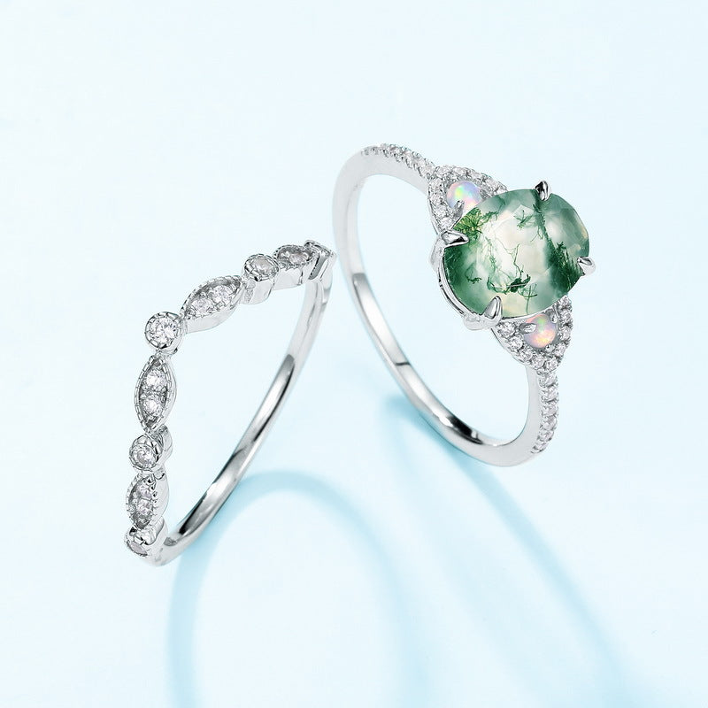 2 Pcs Natural Green Moss Agate Ring Set For Women Carly Jewelry