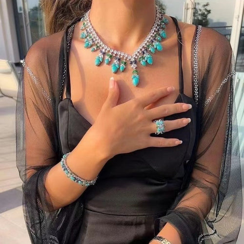 4 PcsTurquoise Luxury Necklace Earrings Bracelet Ring Set Shine of Diamond