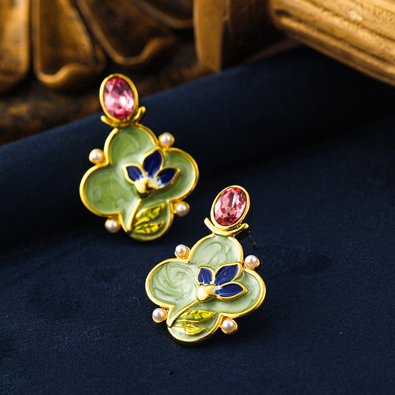 Enamel Flower Oil Painting Pearl Drop Earrings And Necklace Carly Jewelry
