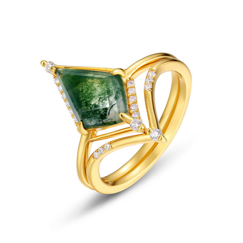 Geometric Natural Green Moss Agate Ring Set Carly Jewelry