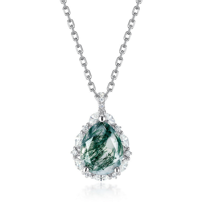 Pear Shape Halo Green Moss Agate Pendant Necklace Carly Jewelry