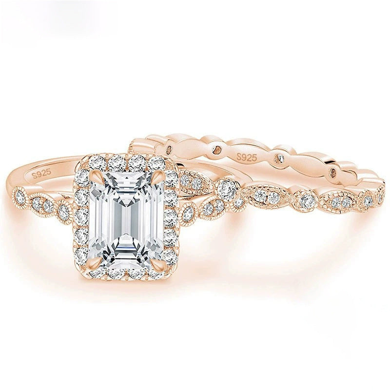2.0 CT Emerald Cut Halo Sterling Silver Ring Set Carly Jewelry