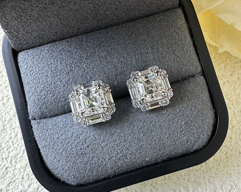 Asscher Cut Moissanite Silver Stud Earrings Shine of Diamond