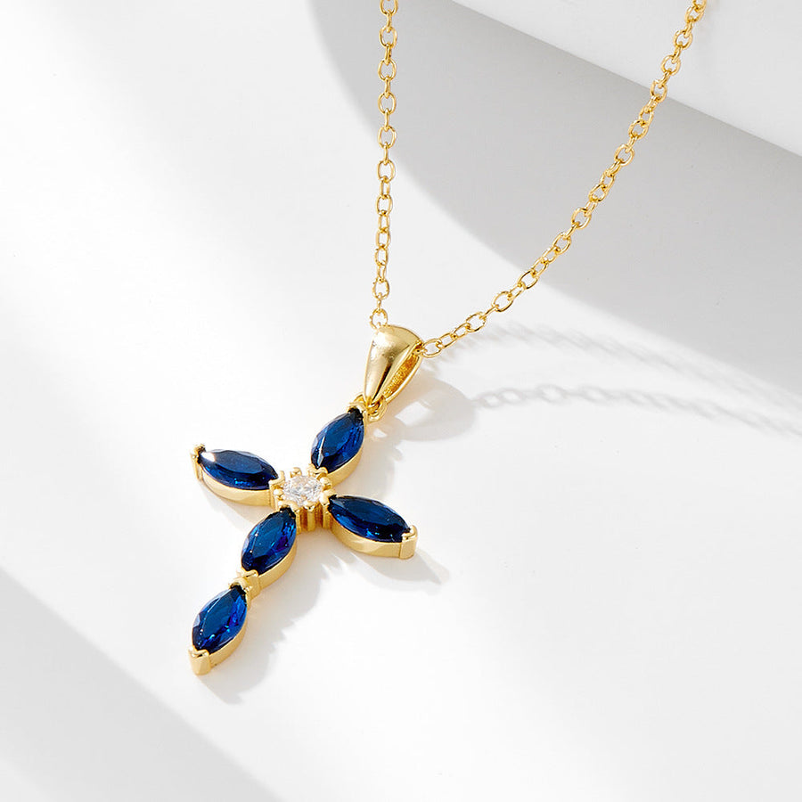 Luxury Blue Cross Design Sterling Silver Necklace Shine of Diamond