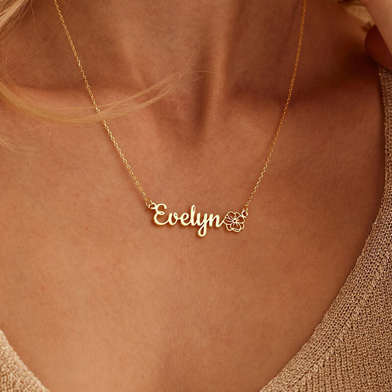 Personalize Name Necklace with Birth Flower in Stainless Steel Shine of Diamond