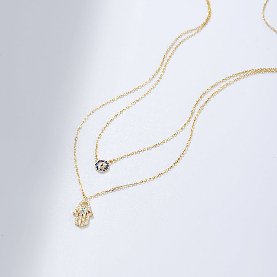 Devil Eye Hamsa Palm Double Layed Necklace Shine of Diamond