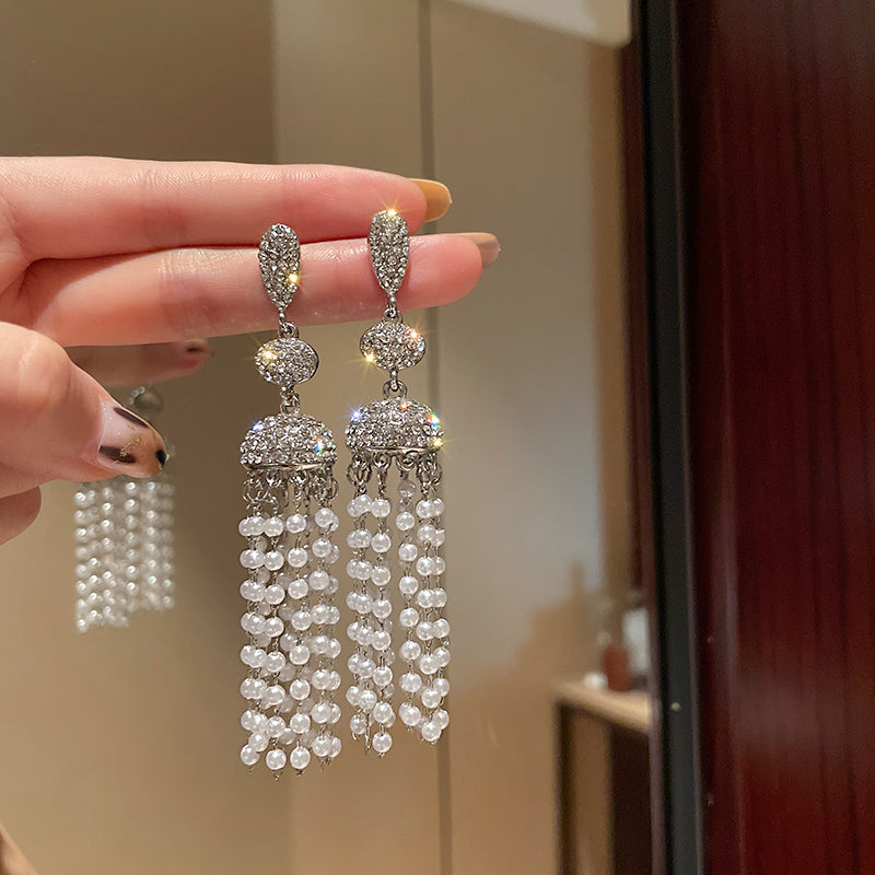 Rhinestones Paved Drop Earrings With Pearl Fringe Dobrilajewelry