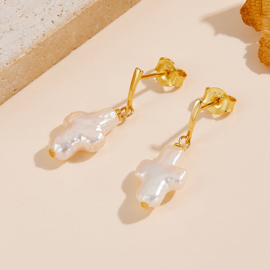 Cross Shape Pearl Drop Earrings Shine of Diamond