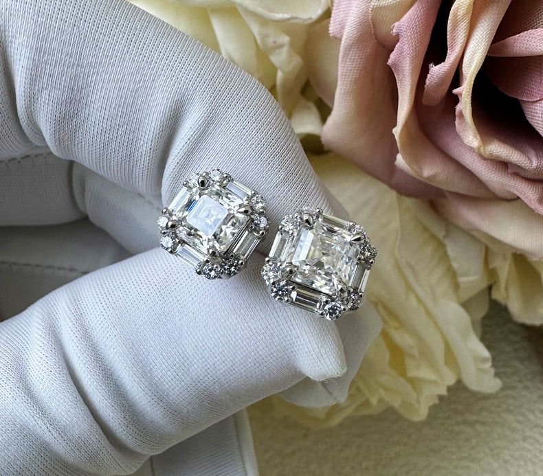 Asscher Cut Moissanite Silver Stud Earrings Shine of Diamond