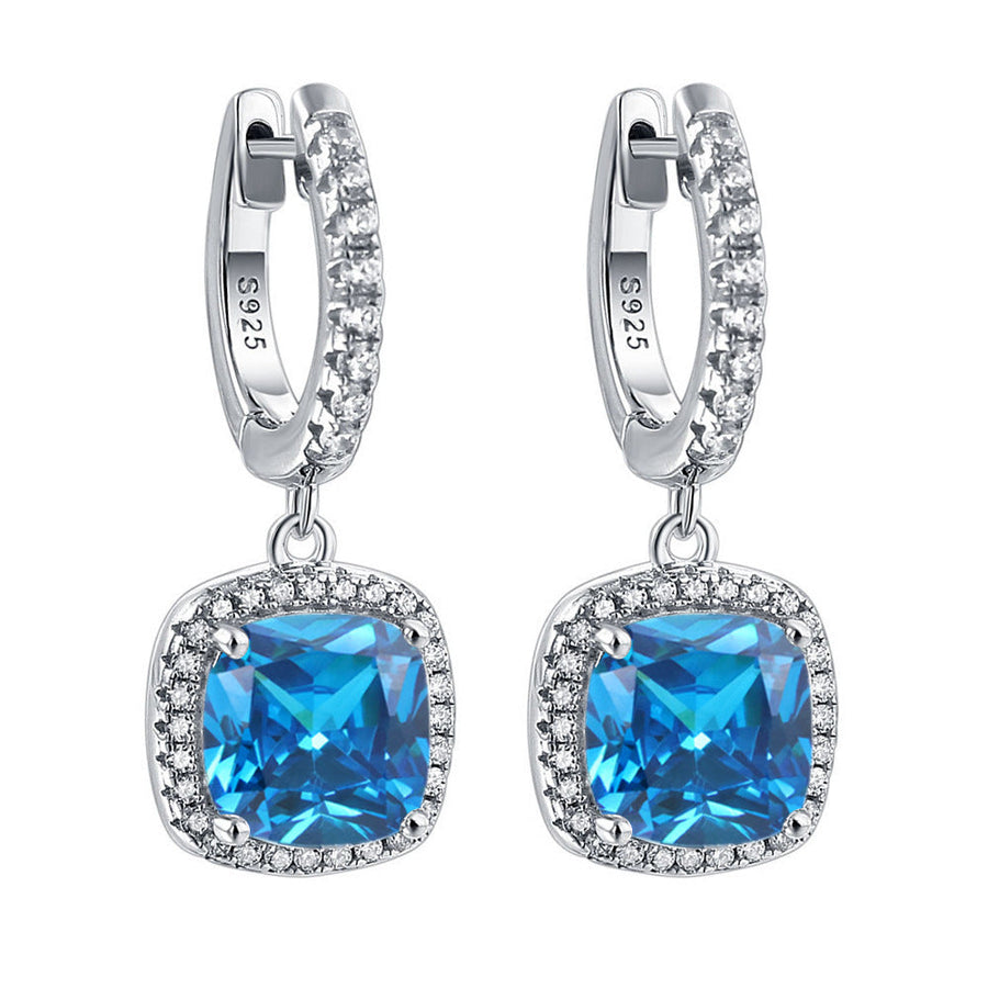 Birthstone Cushion Cut Halo Sterling Silver Drop Earrings Shineofdiamond