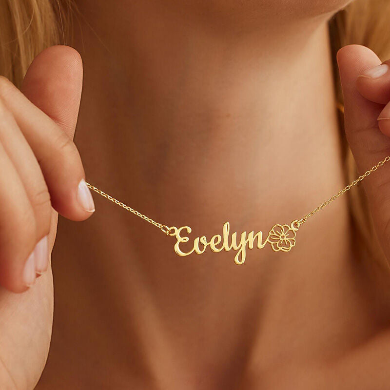 Personalize Name Necklace with Birth Flower in Stainless Steel Shine of Diamond