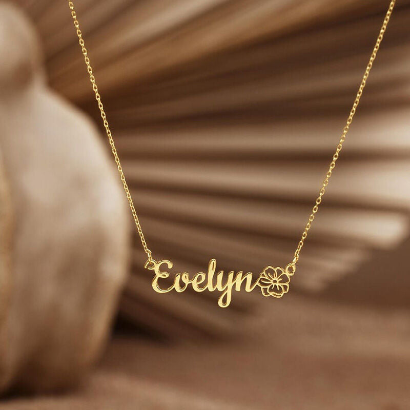 Personalize Name Necklace with Birth Flower in Stainless Steel Shine of Diamond