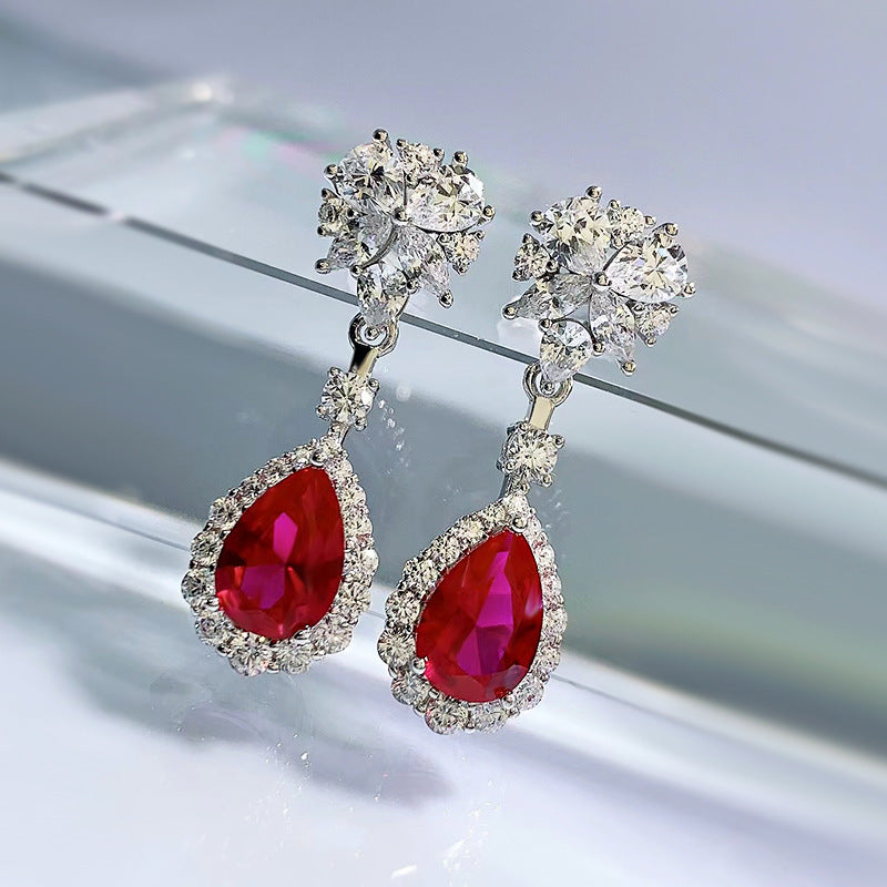 Luxury Ruby Stone Sterling Silver Drop Earrings shine of diamond