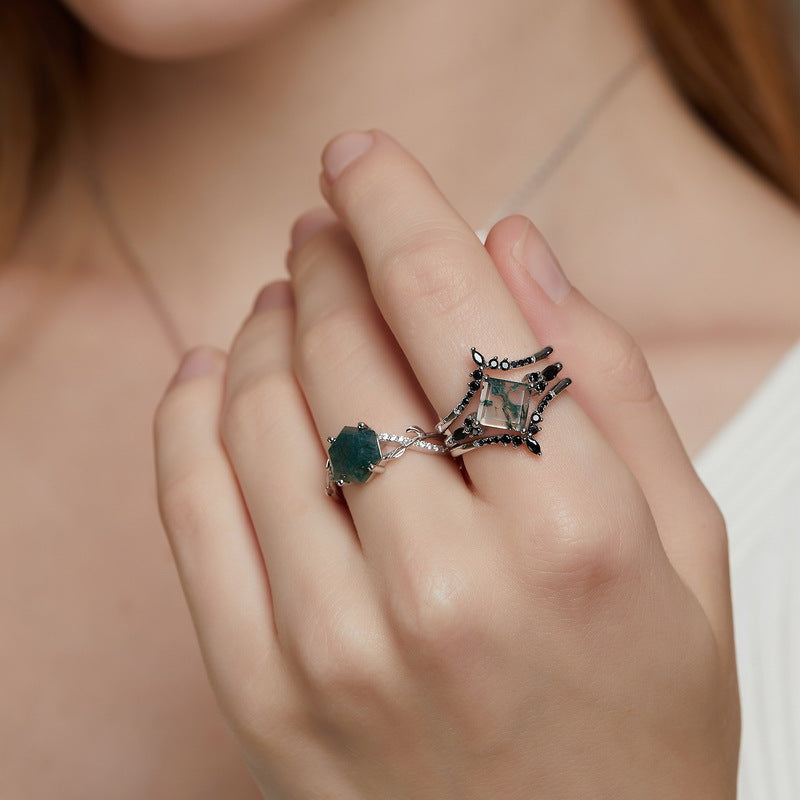 3 Pcs Geometric Natural Black And Green Moss Agate Ring Set Carly Jewelry