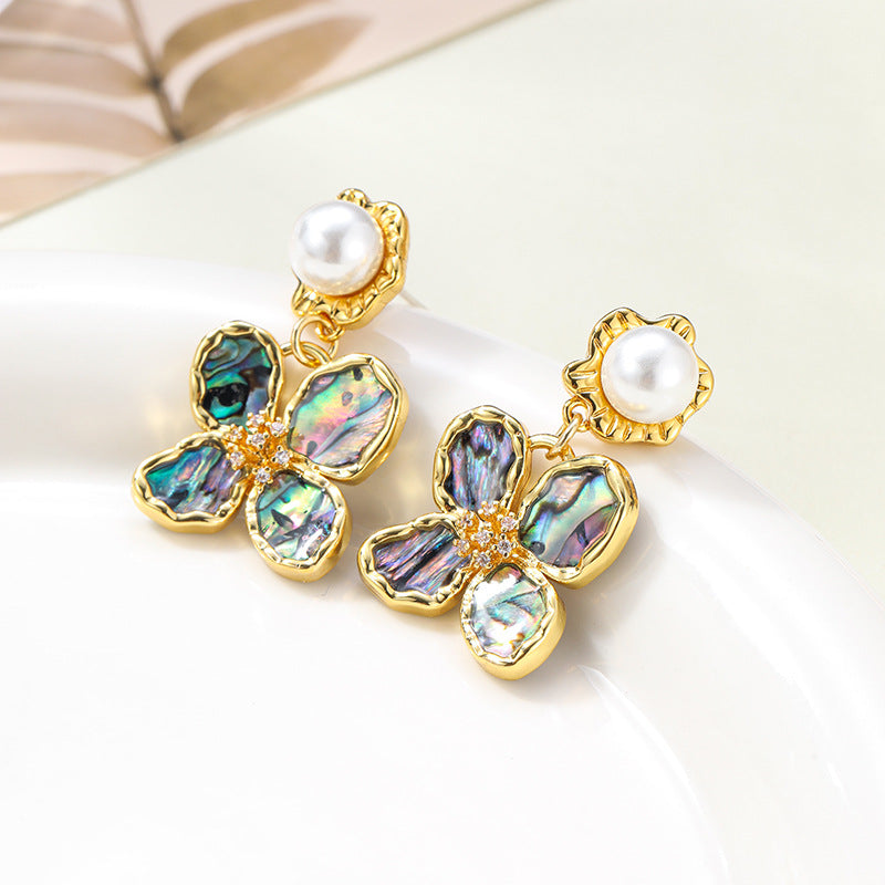 Retro Abalone Flower Pearl Tassel Earrings Carly Jewelry