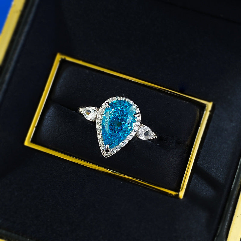 Vintage-Style Halo Aquamarine Pear Cut Engagement Ring in Sterling Silver Shineofdiamond