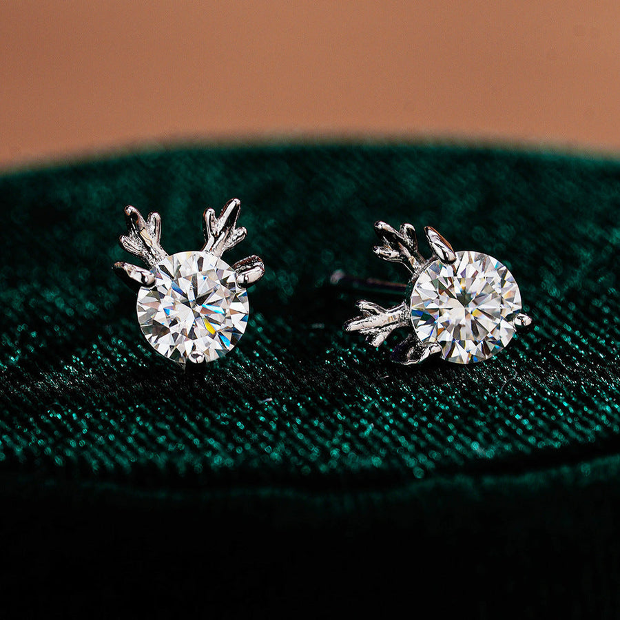 Cute Antler Reindeer Design Moissanite Silver Earrings Shine of Diamond