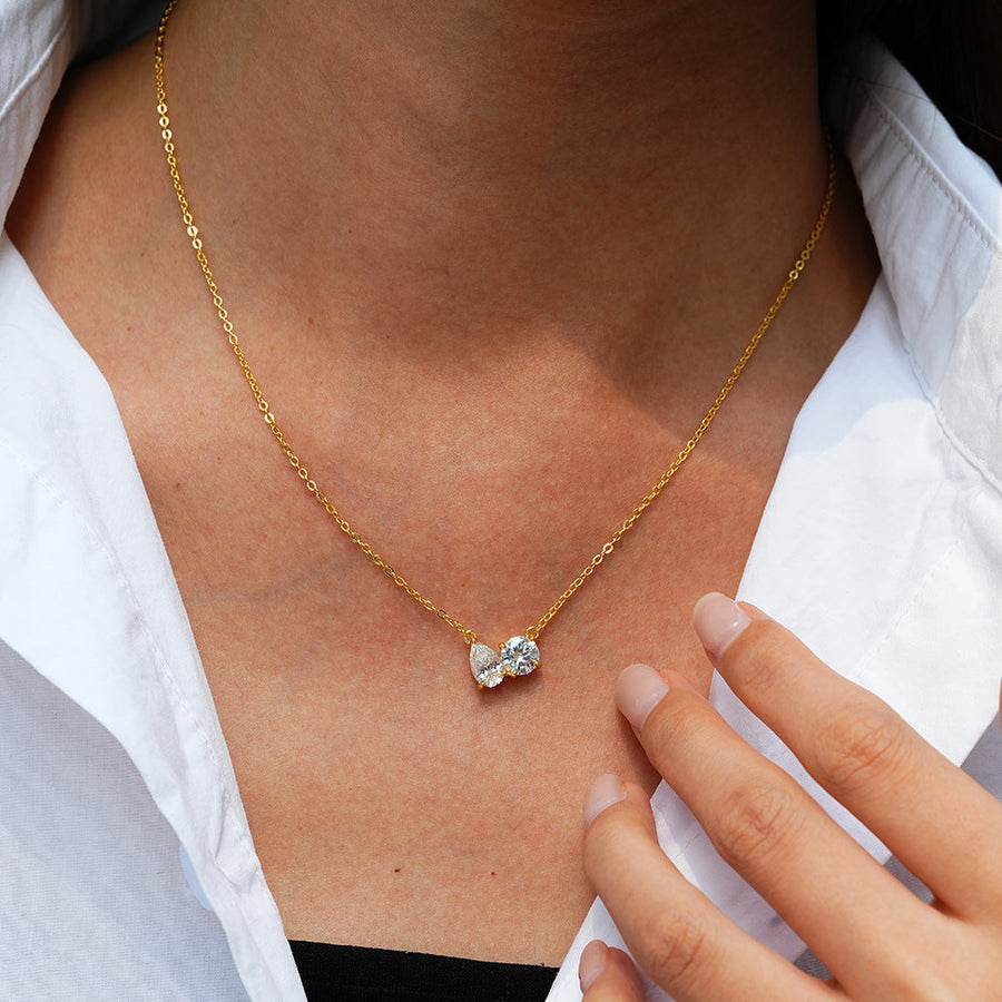 Gold Tone Dual Spark Moissanite Pendant Necklace in 925 Sterling Silver Shine of Diamond