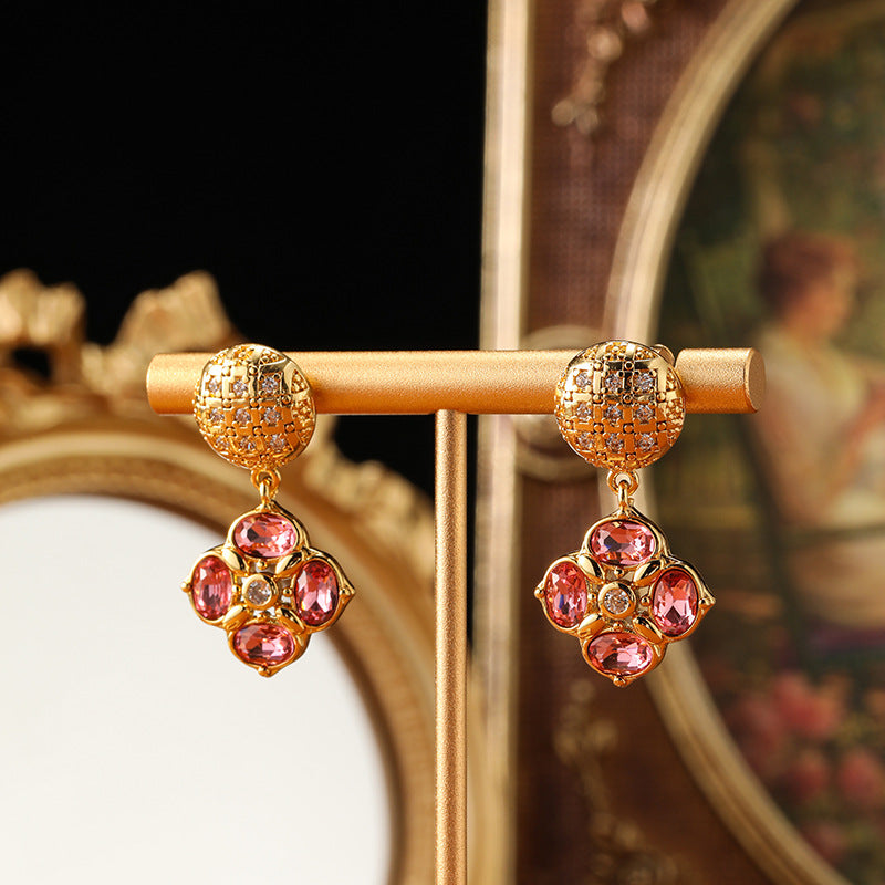 Vintage Pink Flower Design Golden Tone Drop Earrings Carly Jewelry
