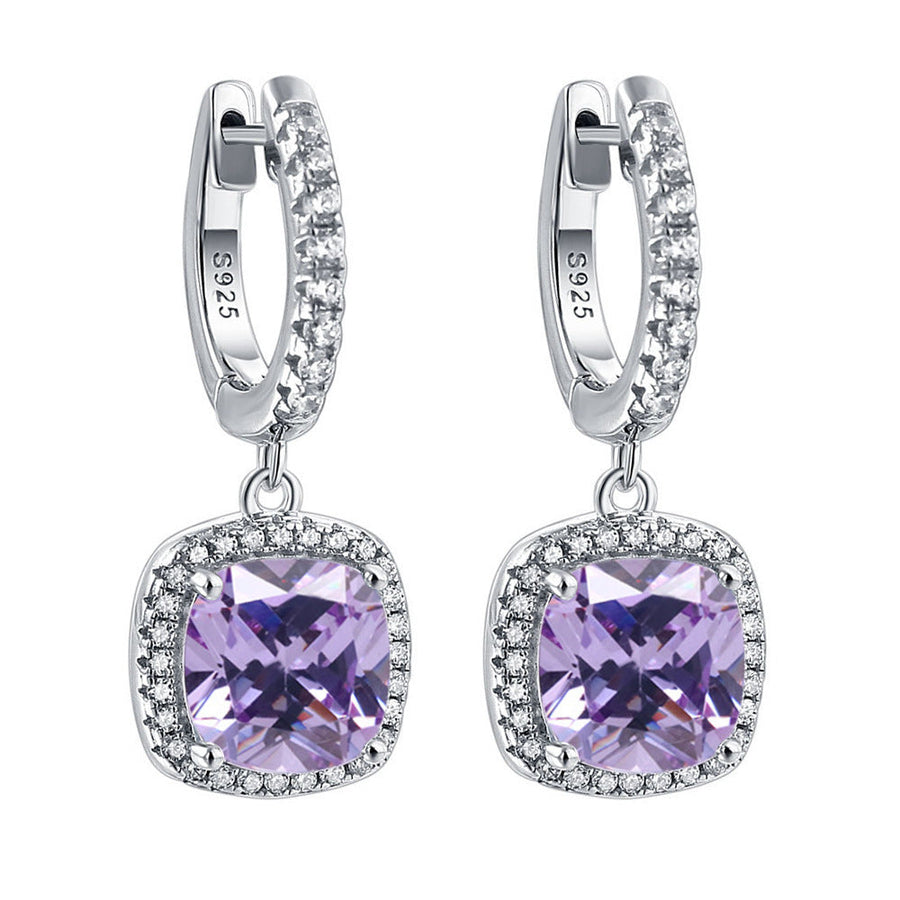 Birthstone Cushion Cut Halo Sterling Silver Drop Earrings Shineofdiamond
