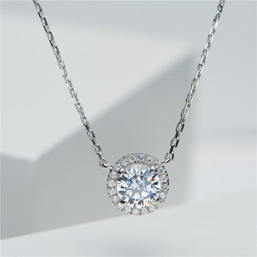 Round Cut Halo Necklace In Sterling Silver shine of diamond