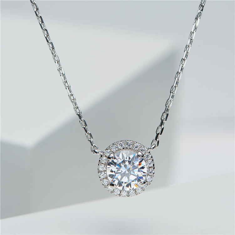 Round Cut Halo Necklace In Sterling Silver shine of diamond