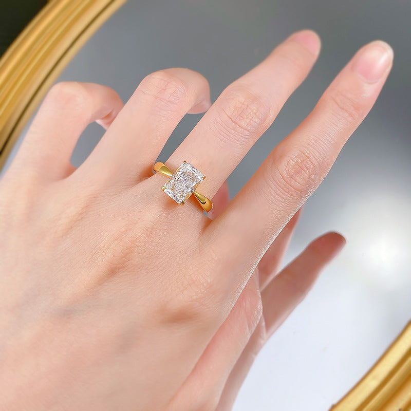 Gleaming Sterling Silver Engagement Ring in Radiant Cut and Golden Tone Shineofdiamond