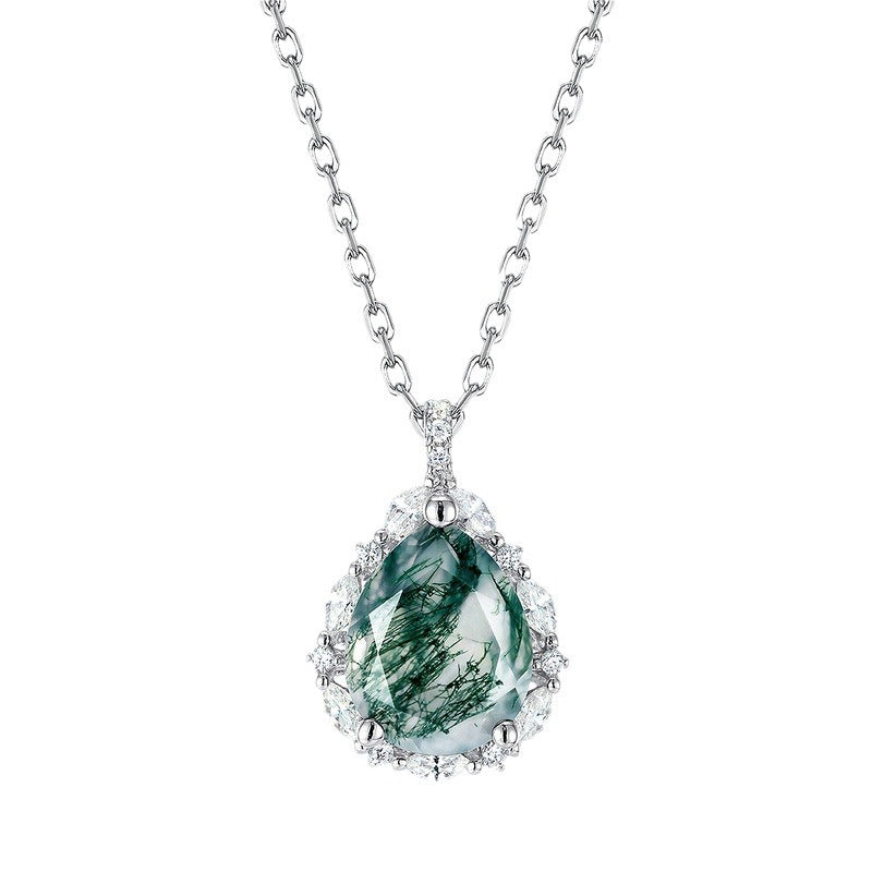 Pear Shape Halo Green Moss Agate Pendant Necklace Carly Jewelry