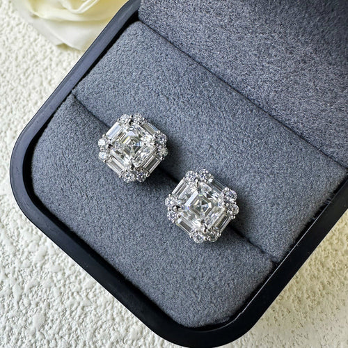 Asscher Cut Moissanite Silver Stud Earrings Shine of Diamond