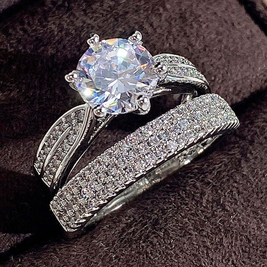 Classic 2-Piece Round Six-Prong Solitaire with Half Eternity Bands Bridal Ring Set in 925 Sterling Silver Shine of Diamond