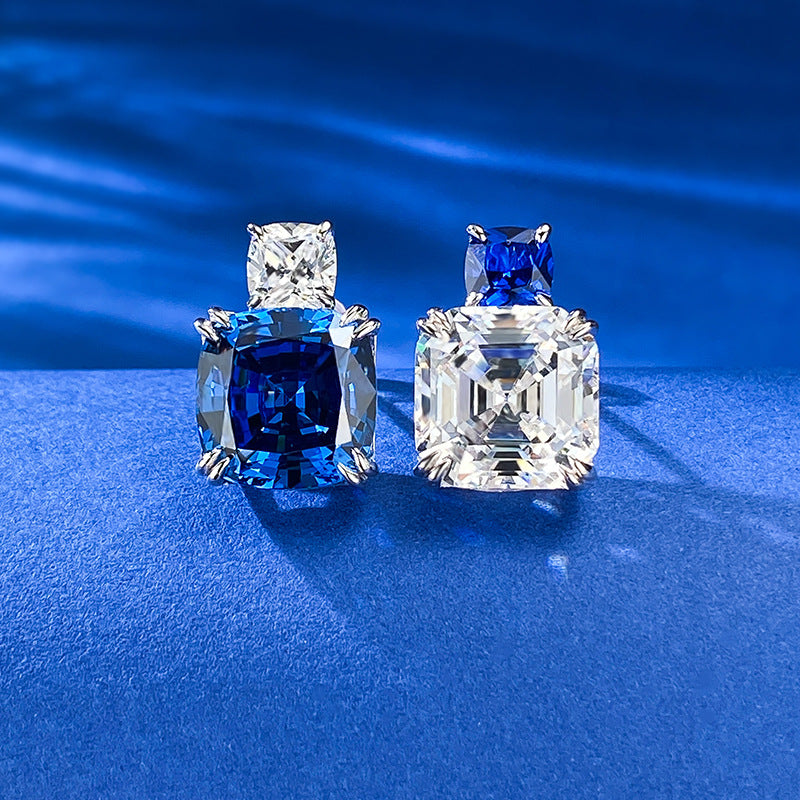 Asscher Cut and Cushion Cut Sapphire Blue Dangle Earrings in Sterling Silver shine of diamond