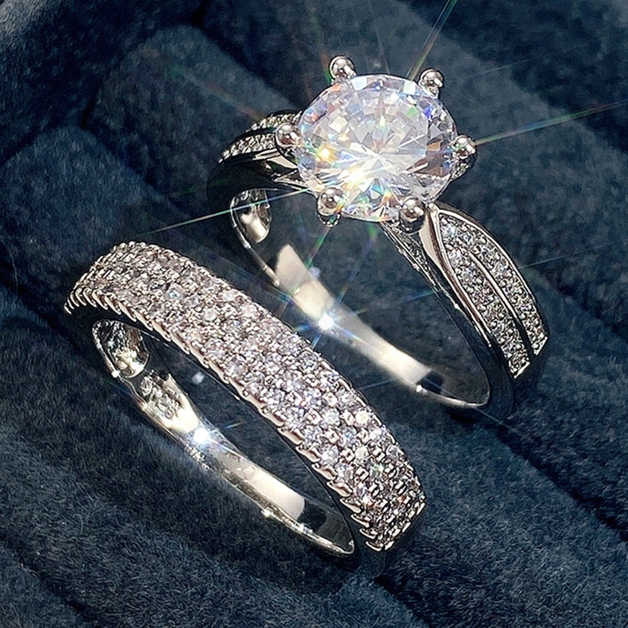 Classic 2-Piece Round Six-Prong Solitaire with Half Eternity Bands Bridal Ring Set in 925 Sterling Silver Shine of Diamond