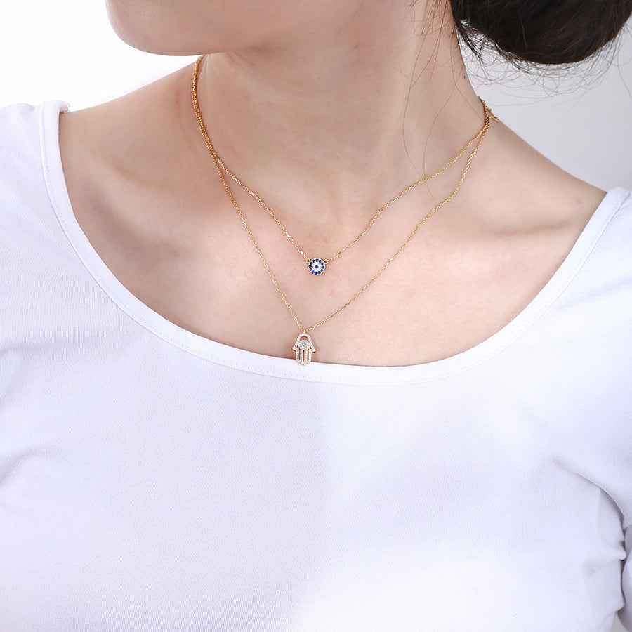 Devil Eye Hamsa Palm Double Layed Necklace Shine of Diamond