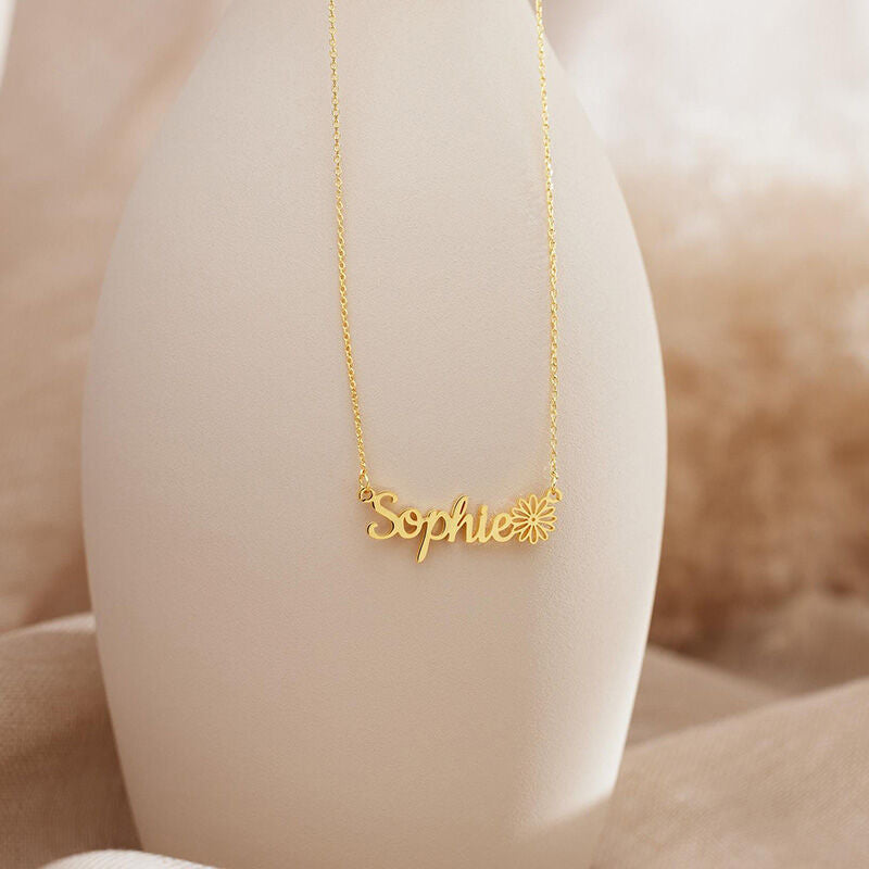 Personalize Name Necklace with Birth Flower in Stainless Steel Shine of Diamond