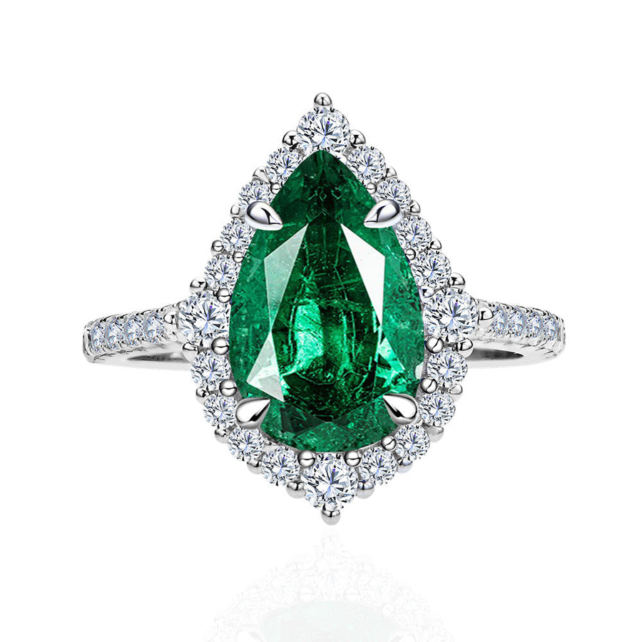 Unique 2.2ct Emerald Green Pear Cut  Sterling Silver Engagement Ring shine of diamond