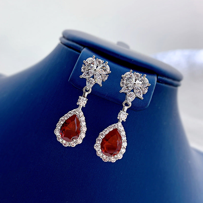 Luxury Ruby Stone Sterling Silver Drop Earrings shine of diamond