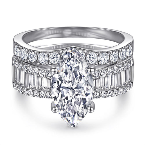 2pcs Marquise Cut Engagement Ring Set With Curved Band Shine of Diamond