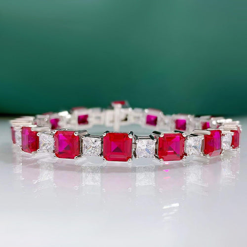 Classic Baguette Emerald Blue Red Gemstone Tennis Bracelet in Sterling Silver Shineofdiamond