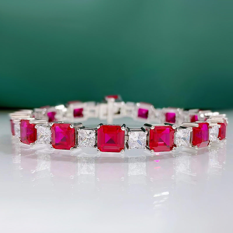 Classic Baguette Emerald Blue Red Gemstone Tennis Bracelet in Sterling Silver Shineofdiamond