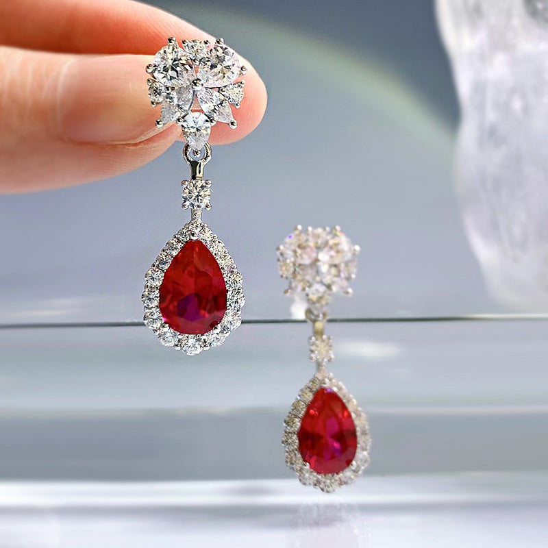 Luxury Ruby Stone Sterling Silver Drop Earrings shine of diamond