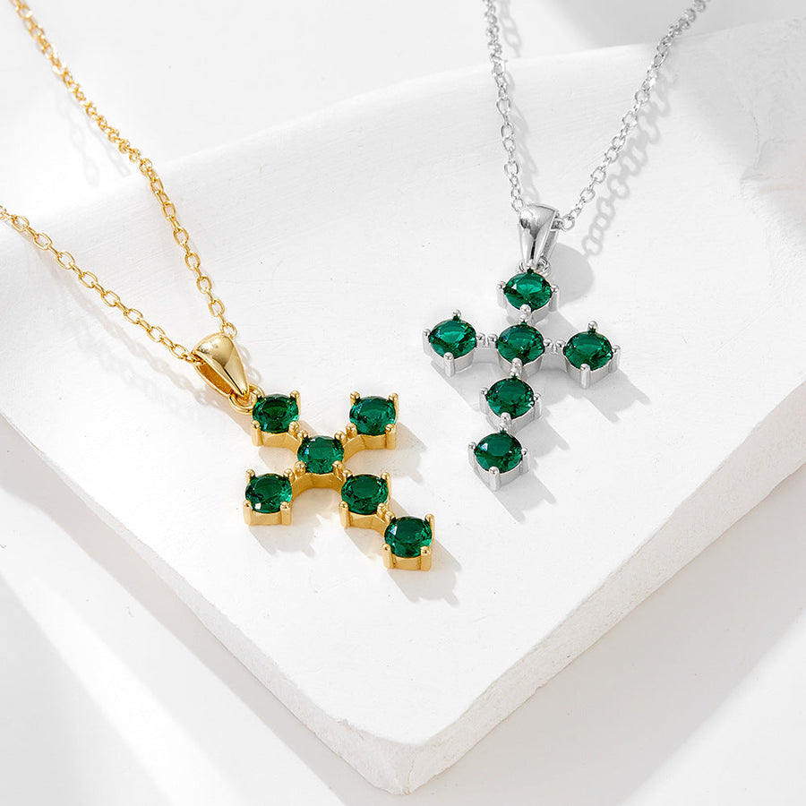 Vintage Emerald Green Cross Design Sterling Silver Necklace Carly Jewelry