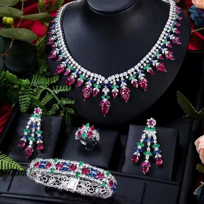 4 PcsTurquoise Luxury Necklace Earrings Bracelet Ring Set Shine of Diamond