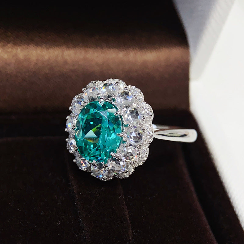 Vintage Flower Design Green Oval Cut Sterling Silver Engagement Ring shine of diamond