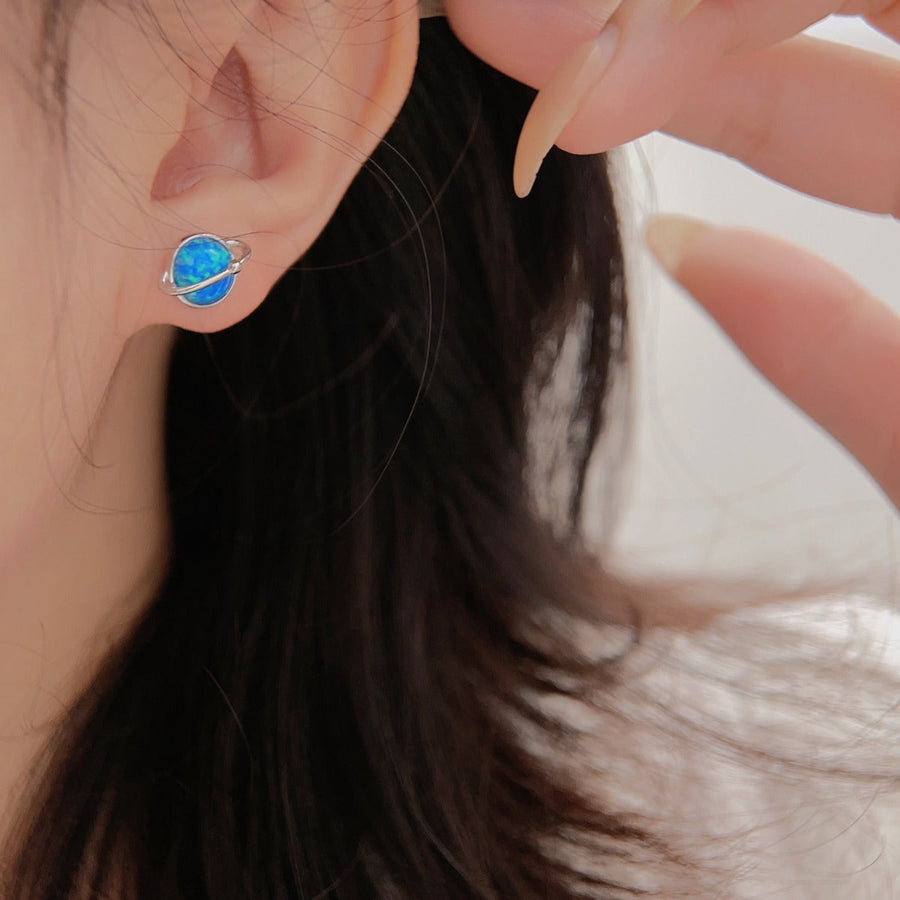 Retro Blue Earth Design Opal Stud Earrings Carly Jewelry