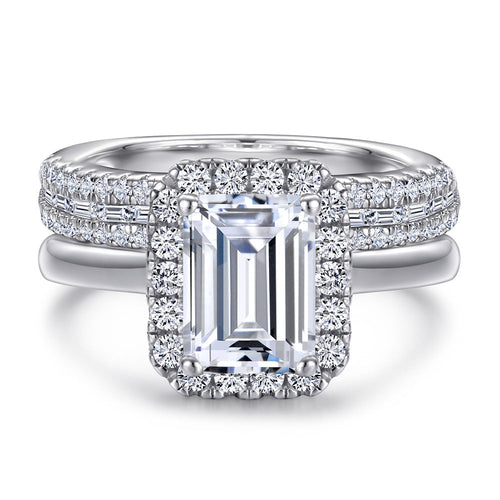 2PCS 2.0ct Emerald Cut Halo Engagement Ring Set in Sterling Silver shine of diamond