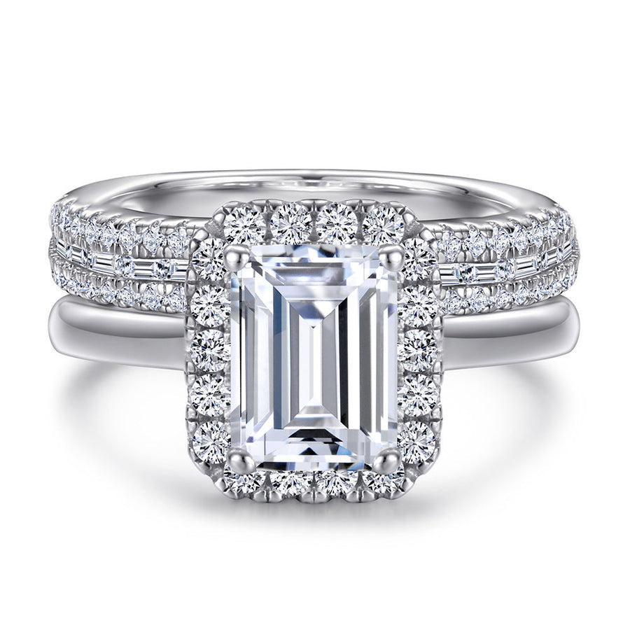 2PCS 2.0ct Emerald Cut Halo Engagement Ring Set in Sterling Silver shine of diamond