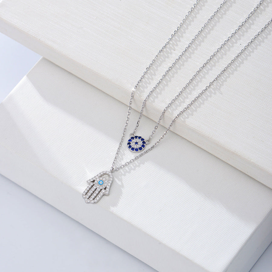 Devil Eye Hamsa Palm Double Layed Necklace Shine of Diamond