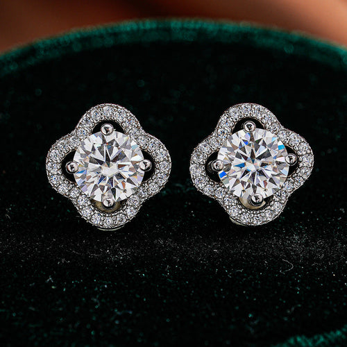 Moissanite Clover Halo Stud Earrings in 925 Sterling Silver Shine of Diamond